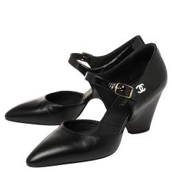 Pre Owned حذاء كعب عالي شانيل دورساي جلد أسود لامع بحزام كاحل مقاس 35.5