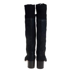 Chanel Black Suede And Knit Fabric Button Knee Length Boots Size 37.5