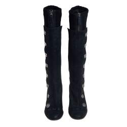 Chanel Black Suede And Knit Fabric Button Knee Length Boots Size 37.5
