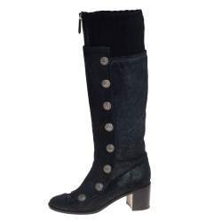 Chanel Black Suede And Knit Fabric Button Knee Length Boots Size 37.5