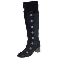 Chanel Black Suede And Knit Fabric Button Knee Length Boots Size 37.5