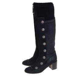Chanel Black Suede And Knit Fabric Button Knee Length Boots Size 37.5