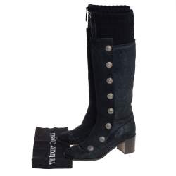Chanel Black Suede And Knit Fabric Button Knee Length Boots Size 37.5