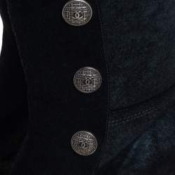 Chanel Black Suede And Knit Fabric Button Knee Length Boots Size 37.5