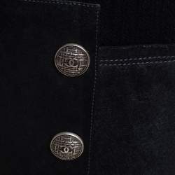 Chanel Black Suede And Knit Fabric Button Knee Length Boots Size 37.5