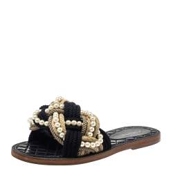 Chanel Two Tone Jute And Cotton Blend Pearl Slide Sandals Size 39 Chanel