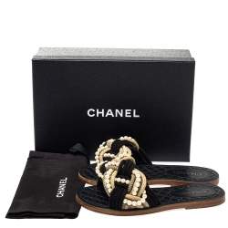 Chanel Two Tone Jute And Cotton Blend Pearl Slide Sandals Size 39