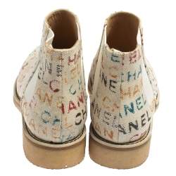 Chanel White Graffiti Printed Canvas Chelsea Ankle Boots Size 37