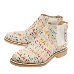 Chanel White Graffiti Printed Canvas Chelsea Ankle Boots Size 37