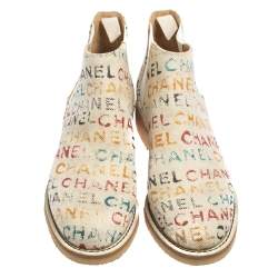 Chanel White Graffiti Printed Canvas Chelsea Ankle Boots Size 37