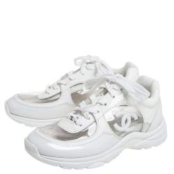 Pre Owned Chanel White Leather And PVC CC Sneakers Size 36