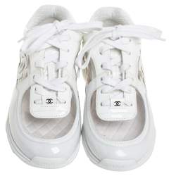 Pre Owned Chanel White Leather And PVC CC Sneakers Size 36
