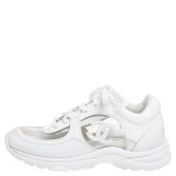 Pre Owned Chanel White Leather And PVC CC Sneakers Size 36