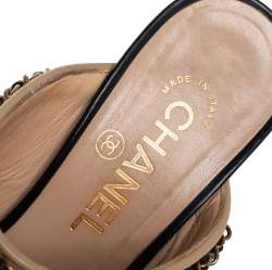 Pre Owned Chanel Beige/Black Leather CC Sandals Size 38.5
