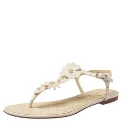 Chanel White Leather Camellia Accent T-Strap Sandals Size 41