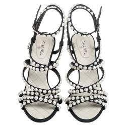 مملوكة مسبقًا Chanel Black Leather Faux Pearl Embellished Strappy Sandals Size 39