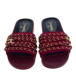 مملوكة مسبقًا Chanel Majenta Satin Tropiconic Chain Link Slide Size 38