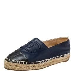 مملوكة مسبقًا Chanel Navy Blue/Black Leather CC Cap Toe Espadrille Flats Size 37
