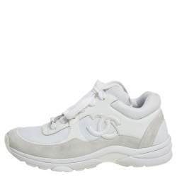Chanel White/Silver Leather And Polyamide CC Low Top Sneakers Size 38