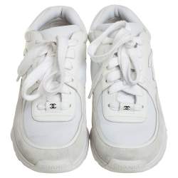 Pre Owned Chanel White Leather And Neoprene CC Low Top Sneakers Size 37.5