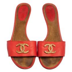 Pre Owned Chanel Red Leather CC Slide Sandals Size 37