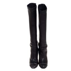 Chanel Black Leather CC Cap Toe Knee Length Boots Size 37.5