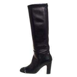 Chanel Black Leather CC Cap Toe Knee Length Boots Size 37.5