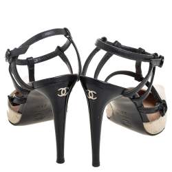 Pre Owned Chanel Cream/Black Leather Ankle Strap Sandals Size 36.5
