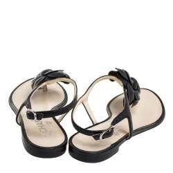 Pre Owned Chanel Black Leather Camellia Thong Flat Sandals Size 36