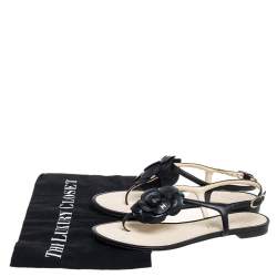 Pre Owned Chanel Black Leather Camellia Thong Flat Sandals Size 36
