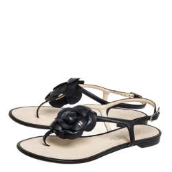 Pre Owned Chanel Black Leather Camellia Thong Flat Sandals Size 36