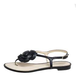 Pre Owned Chanel Black Leather Camellia Thong Flat Sandals Size 36