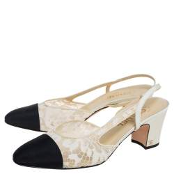 مملوكة مسبقًا Chanel White/Black Lace And Fabric Cap Toe Slingback Sandals Size 41