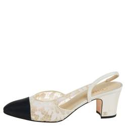 مملوكة مسبقًا Chanel White/Black Lace And Fabric Cap Toe Slingback Sandals Size 41