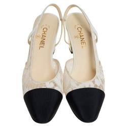 مملوكة مسبقًا Chanel White/Black Lace And Fabric Cap Toe Slingback Sandals Size 41