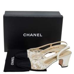 مملوكة مسبقًا Chanel White/Black Lace And Fabric Cap Toe Slingback Sandals Size 41