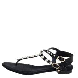 Pre Owned Chanel Black Leather  Faux Pearl Thong Sandals Size 38