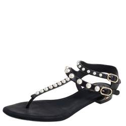 Pre Owned Chanel Black Leather  Faux Pearl Thong Sandals Size 38
