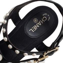 Pre Owned Chanel Black Leather  Faux Pearl Thong Sandals Size 38