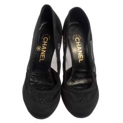 Pre Owned Chanel Black Net And Canvas Round Toe Pumps Size 38
