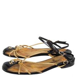 Pre Owned Chanel Gold/Black Patent And Leather Strappy Flat Sandals Size 39