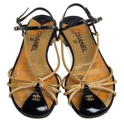 Pre Owned Chanel Gold/Black Patent And Leather Strappy Flat Sandals Size 39