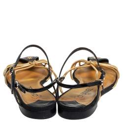 Pre Owned Chanel Gold/Black Patent And Leather Strappy Flat Sandals Size 39