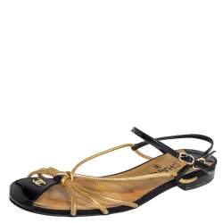 Pre Owned Chanel Gold/Black Patent And Leather Strappy Flat Sandals Size 39