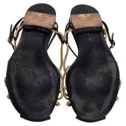 Pre Owned Chanel Gold/Black Patent And Leather Strappy Flat Sandals Size 39