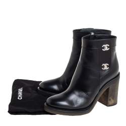 Chanel Black Leather CC Turnlock Ankle Boots Size 37.5