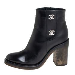 Chanel Black Leather CC Turnlock Ankle Boots Size 37.5