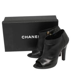 Chanel Black Leather Open Toe CC Heel Ankle Booties Size 36