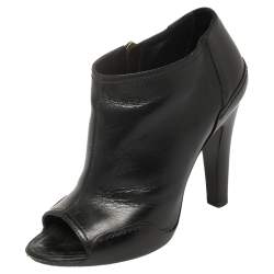 Chanel Black Leather Open Toe CC Heel Ankle Booties Size 36