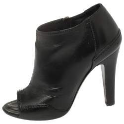 Chanel Black Leather Open Toe CC Heel Ankle Booties Size 36